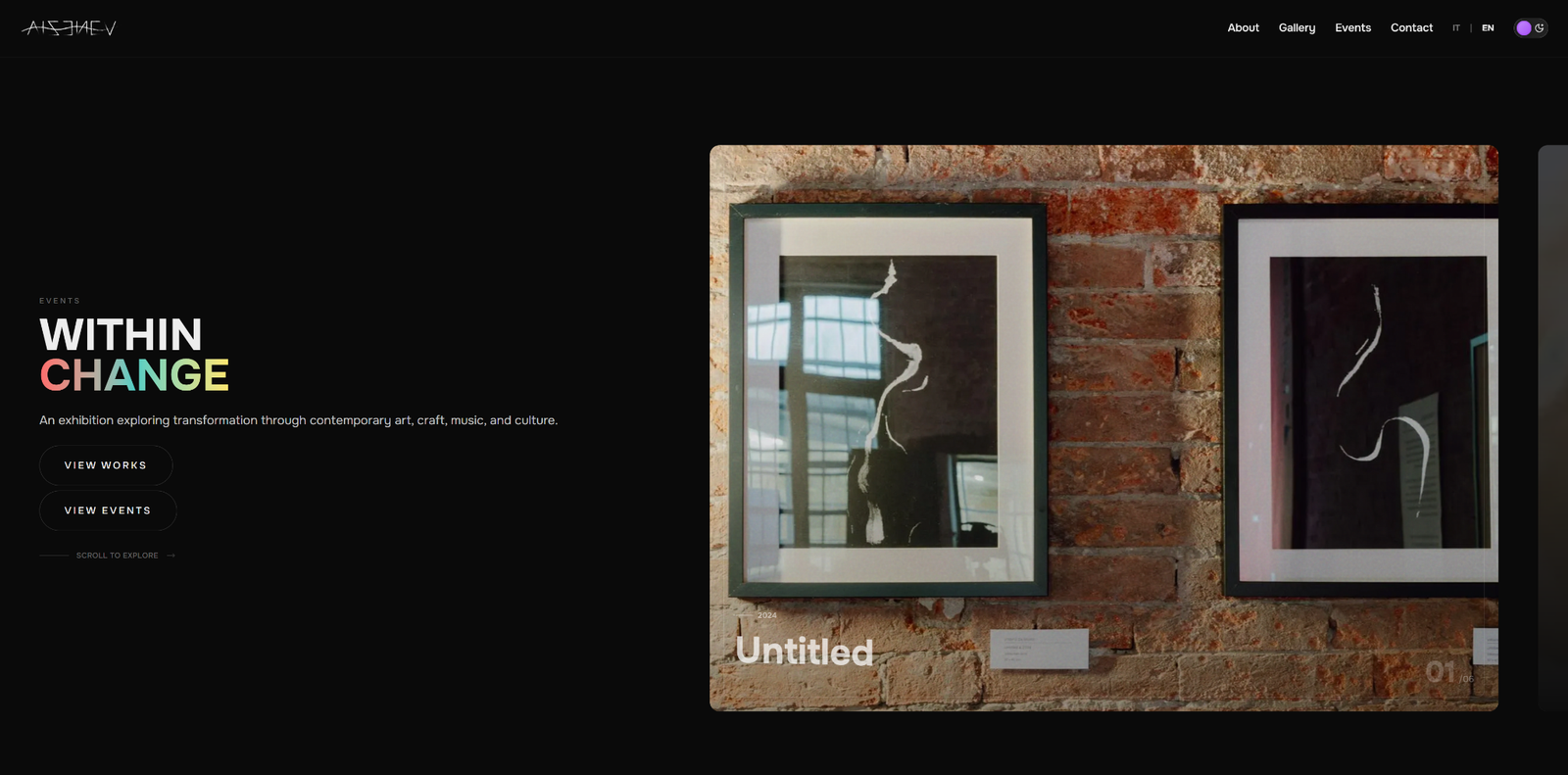 Schermata del sito Aizenev: mostra Within Change e opere esposte
